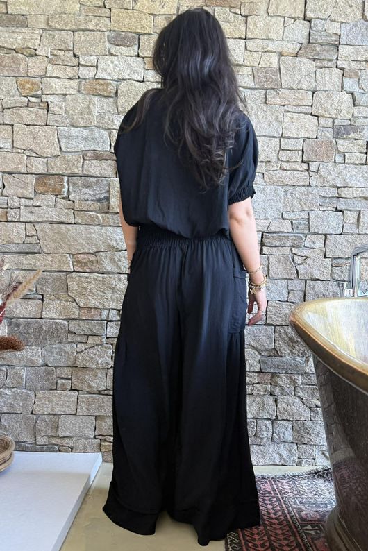 Basso Button Drape Cap Sleeve Shirt Black